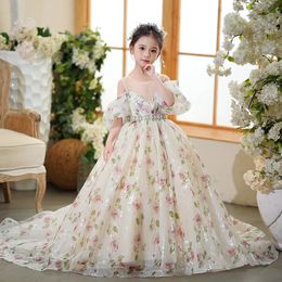 Cute Shiny Princess Flower Girls Dresses New Off Shoulder Tulle Lace Appliques Beads Ruffles Flowers Long Train Girl Pageant Kids Birthday Gowns 403