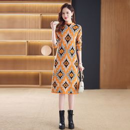 Autumn Winter Yellow Graphic Sweaters Dress Women Fashion Designer Long Sleeve Soft Warm Vacation Party Knitted jumper Dresses 2023 Elegant O-Neck Slim Midi Frocks