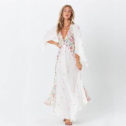 Bohe Maxi Dress Women V Neck Floral Print Kimono Flare Sleeve Beach Summer Casual Button Long Loose Robe Femme Dresses313T