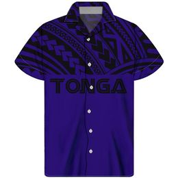 Men's Casual Shirts HYCOOL Tonga Tattoo Print Navy Blue Vintage Short Sleeve Men Shirt Button Up Oversize Hawaiian Beach Cust299e