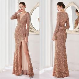 Long Sleeve Mermaid Evening Party Dresses Luxury Sequins Beaded Sexy Slit vestido de festa Fishtail Prom Gown206p