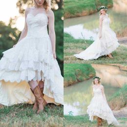 Country Western High Low Wedding Dresses Lace Sweetheart Lace Up Back A-Line Tiered Custom Made Bridal Gowns Plus Size324z