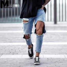 Moomphya 2019 New Distressed Big Holes Skinny Jeans Men Streetwear Hip Hop Mens Ripped Jeans Denim Pants Stylish Men Blue254J