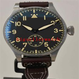 Men's Sport Watches New 42mm Big Montre d' Aviateur Black Dial 510401 Automatic Mens Watch Silver Case Leather Strap Hig308P