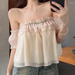 Women's Blouses Sweet Ruffles Blouse Casual Short Puff Sleeve Tops Sexy Slash Neck Off Shoulder Chiffon Shirt Solid Colour Loose Clothes