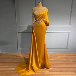 Gold Women's Evening Dresses Luxury Lace Applique Bead String Mermaid Satin Pleated Princess Prom Gowns 2024 Long sleeved Robe