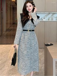 Casual Dresses Autumn Vintage Women OL Dress Ladies Elegant Big Turn Down Collar Single Breasted Long Sleeve Female Belt Vestidos