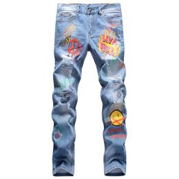 Unique Mens Distressed Printed Slim Fit Jeans Fashion Ripped Graffiti Blue Biker Denim Pants Big Size Motocycle Hip Hop Trousers 1241U