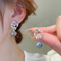 Korean Fashion Blue Zircon Bubble Pearl Circle Drop Earrings For Women Girl Delicate Aretes De Mujer Modernos