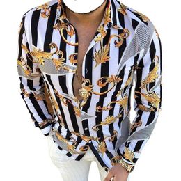 Plus Sizes 3XL Men's Casual Vintage Shirts Gold Leaf Cardigan Printed Long Sleeve Slim Summer Hawaiian Skinny Fit Various Pat223d