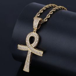 18K Gold and White Gold Plated Diamond Ankt Key of Life Cross Pendant Chain Necklace Cubic Zirconia Hip Hop Rapper Jewellery for Men250d
