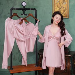 Women's Sleepwear Pyjamas Set Lounge With Chest Pads Sexy V-neck Home Nightwear Women 5 Pcs Pink Satin Lace Sleep Pyjama