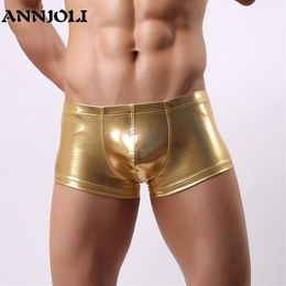 ANNJOLI Japanned Men Sexy Ring Boxer Shorts Faux Leather Men Gold Underpants Leather Trunks Fashion Male Silver Underwear2575