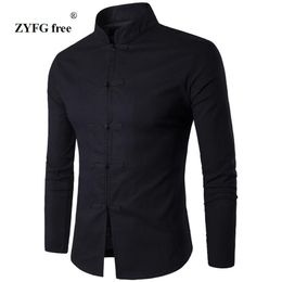 Men's Shirt Chinese Tradition Style 2017 New Arrival Male Solid Colour Mandarin Collar Business Long Sleeve Casual Shirt linen209g