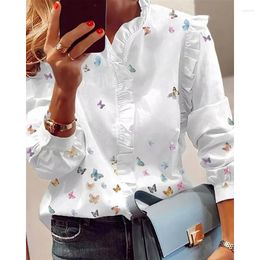 Women's Blouses Women Elegant Fashion Butterfly Print Top Ruffled Trim Casual Long Sleeve Blouse