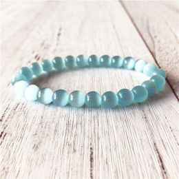 Style Light Bule Cat Eye Bracelet Bright Beads Jewellery Wrist Healing Yoga Mala Charm Gift For Men Beaded Strands255R