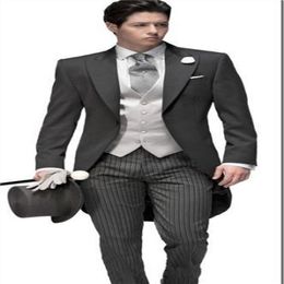 Morning Style One Button Dark Grey Wedding Groom Tuxedos Peak Lapel Groomsmen Men Suits Prom Blazer Jacket Pants Vest Tie NO2103204