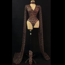 Sexy Leopard Printed Bodysuit V-neck Spandex Shawl Gloves Party Stage Outfit Women Dancer Singer Nightclub Bar DJ DS Performance C241U