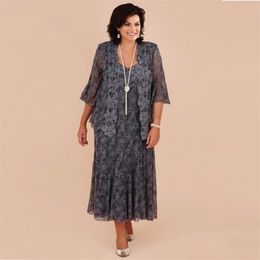 Plus Size Gray Lace Tea Length Mother of the Bride Dresses With Jacket Bride Mother Wedding Party Dress Formal vestido de renda233l