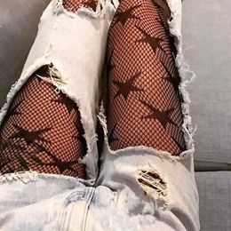 Fashion Cool Star Printed Fishnet Tights Erotic Hollow Out Sexy Mesh Pantyhose Punk Pattern Pantyhose Black Women Tight Lingerie X227N
