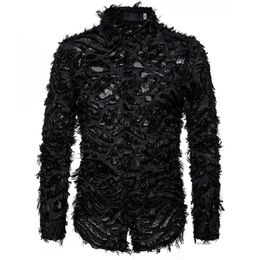 Sexy Black Feather Lace Shirt Men 2021 Fashion Brand Nightclub Singer Mens Dress Shirts Event Party Prom Camisa Social Masculina M317I