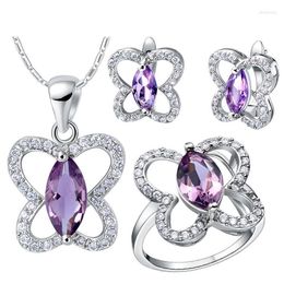 Necklace Earrings Set Design Butterfly Shape Purple Zircon White Gold Necklace/Ring/Earrings Women Charm Romantic T288-7#