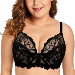 Embroidery Plus Size Bra Women Full Coverage Sexy Floral Lace Bra Unlined Underwire Black White Brassiere Perspective Bralette284j