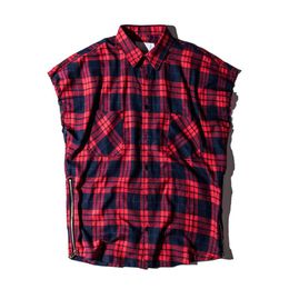 Fashion Brand Plaid shirt Men Hip hop sleeveless Shirts Mens side zipper shirtcamisa masculina swag Plus Size281k