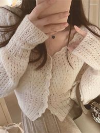 Women's Knits Korean Outerwear Elegant Hollow Out Coats Fashion All Match Solid Cropped Cardigans Autumn Y2k Knitted Casual Sweaters