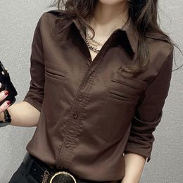 Women's T Shirts Office Lady Turn-down Collar Long Sleeve Blouse Spring Autumn Clothing Solid Colour Pockets Single Breasted Slim Shirt