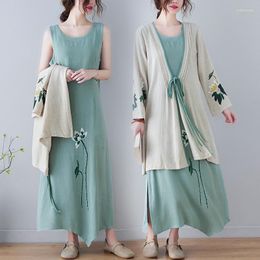 Work Dresses 2023 Spring/Summer Improved Hanfu Retro Suit Cotton Linen Cardigan Top Sleeveless Round Neck Slim Cheongsam Dress Women Bd384
