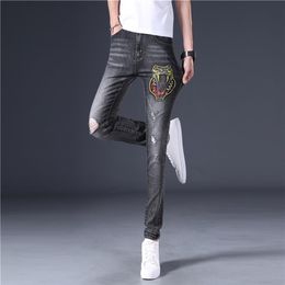 2020 Summer Hip Hop Mens Jeans Snake Embroidery Skinny Jeans Men Casual Hole Washed Pencil Pants Fashion Male Denim Trouser288u