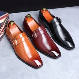Men's Retro Casual Business Shoes Microfiber Leather Square Toe Slip-on Buckle Mens Dress Office Flat Wedding Party Oxfords For Boys Party Shoes