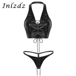 Bras Sets 2Pcs Women Latex Lingerie Suit Soft Faux Leather Lace Up Bikini Set Halter Crop Top With Mini G-string Thong Underwear250O