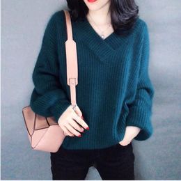 Women's Sweaters 2023 Basic Knit Sweater Women V-neck Solid Pullover Autumn Korean Loose Lantern Sleeve Female Tops