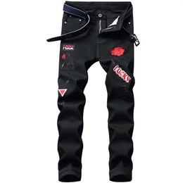 Men's Ripped Jeans Designer Slim Fit Hip Hop jeans Stretch Rose Embroidered Fashion Men Black Blue Denim Trousers259V
