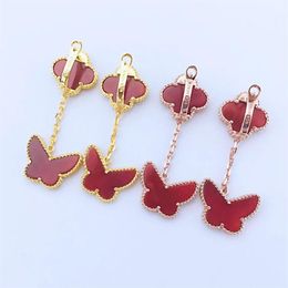 Fashion-S925 Silver plated 18k gold slim temperament four-leaf clover tiger eye stone butterfly earrings280h