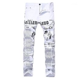 Men's Jeans Mens Autumn Denim Trousers Letter Spaper Printing Casual White Pants Male Painted Skinny Plus Size265G