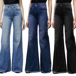 Fashion Brand Elastic Jeans Women Button Washed Denim Pants Femme Pocket Trouser Boot Cut Straight Line Flare Jeans Muje261f