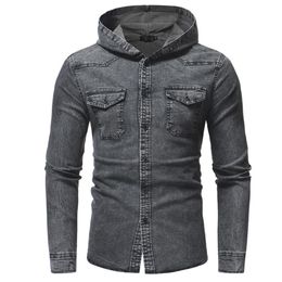 Men'S Shirts Men'S Jeans Shirt Hooded Pocekt Grey Social Shirt Single Breasted Blusa De Frio Masculina satin NZ672289D