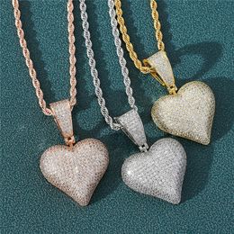 New Arrived Heart Shape Solid Back Pendant Necklace with Rope Chain Iced Out Zircon Mens Hip Hop Jewellery Gift252R