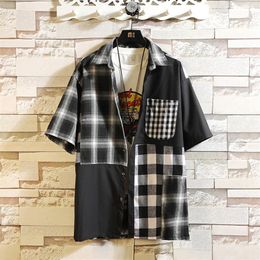 Harajuku Fashion Japanese Style Mens Short Sleeve Plaid Shirts Male Patchwork Summer Streetwear 100%Cotton Shirt Chemise Homme236h
