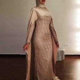 2021 Muslim Dubai Sheath Evening Dresses Wear High Neck Long Sleeves Bling Sequined Lace With Cape Sweep Train Plus Size Saudi Ara317P