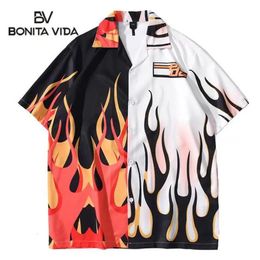 Men's Casual Shirts Bonita Vida Hawaiian Streetwear Fire Flame Colour Block Patchwork Shirt Men Harajuku Hip Hop Beach Button 248P