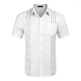 Men's Casual Shirts Corduroy Button Up Men Men's Short Sleeve Linen Shirt Cuban Beach Tops Pocket Guayabera Long Layering182z