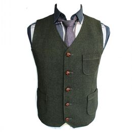 2019 Dark Green Groom Vests Country Wedding Wool Herringbone Tweed Vest Slim Fit Men's Suit Vest Dress Coat Dress Waistcoat F174P