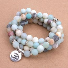 Beaded Strands Fashion Women's Bracelet Matte Frosted Amazonite Beads With Lotus OM Buddha Charm Yoga 108 Mala Necklace Drop1241e