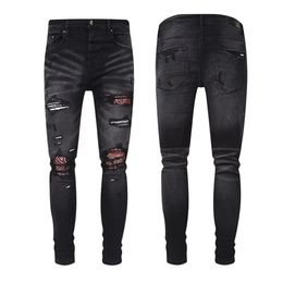 Мужские черные джинсы большого размера 38 с нашивками из эластичного хлопка скинни для ног