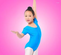 Stage Wear Girls Ballet Bodysuit Children Blue White Dance Leotard Short Sleeved Gymnastics