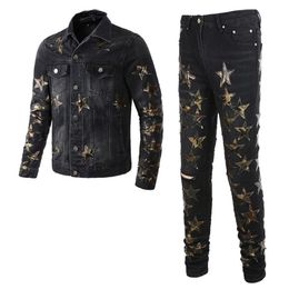 Black Tracksuits Ripped Star Patch Men's 2 Piece Sets Fashion Slim Denim Jacket Matching Stretch Skinny Jeans Spring Worn Hol269e